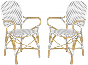 Safavieh - Set of 2 - Hooper Arm Chair Indoor Outdoor Stacking Grey White Light Brown Rattan PE Wicker Aluminium FOX5209B-SET2 683726782339
