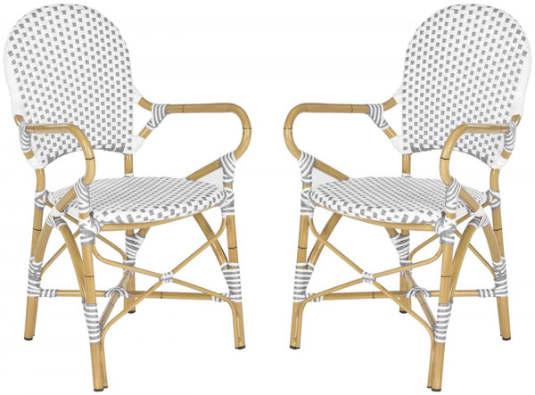 Safavieh - Set of 2 - Hooper Arm Chair Indoor Outdoor Stacking Grey White Light Brown Rattan PE Wicker Aluminium FOX5209B-SET2 683726782339