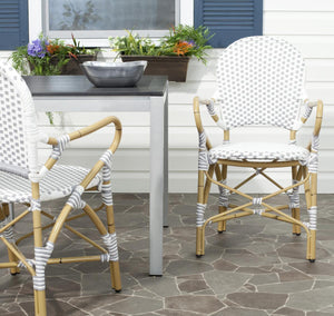 Safavieh - Set of 2 - Hooper Arm Chair Indoor Outdoor Stacking Grey White Light Brown Rattan PE Wicker Aluminium FOX5209B-SET2 683726782339