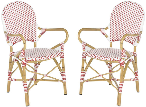 Safavieh - Set of 2 - Hooper Arm Chair Indoor Outdoor Stacking Red White Light Brown Rattan PE Wicker Aluminium FOX5209C-SET2 683726782353