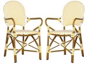 Safavieh - Set of 2 - Hooper Arm Chair Indoor Outdoor Stacking Yellow White Light Brown Rattan PE Wicker Aluminium FOX5209D-SET2 889048057937