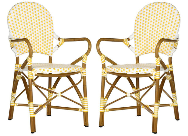 Safavieh - Set of 2 - Hooper Arm Chair Indoor Outdoor Stacking Yellow White Light Brown Rattan PE Wicker Aluminium FOX5209D-SET2 889048057937