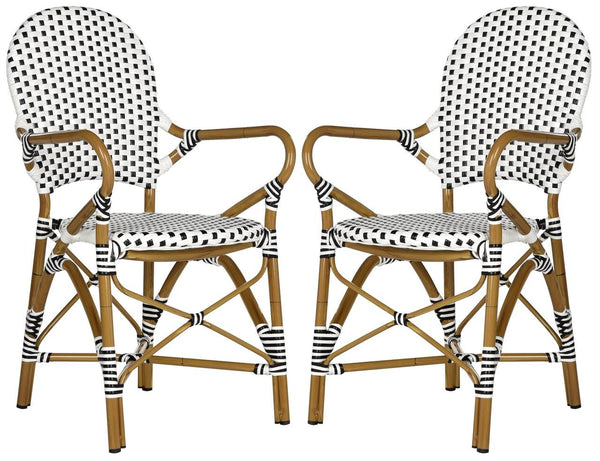 Safavieh - Set of 2 - Hooper Arm Chair Indoor Outdoor Stacking Black White Light Brown Rattan PE Wicker Aluminium FOX5209E-SET2 889048099302