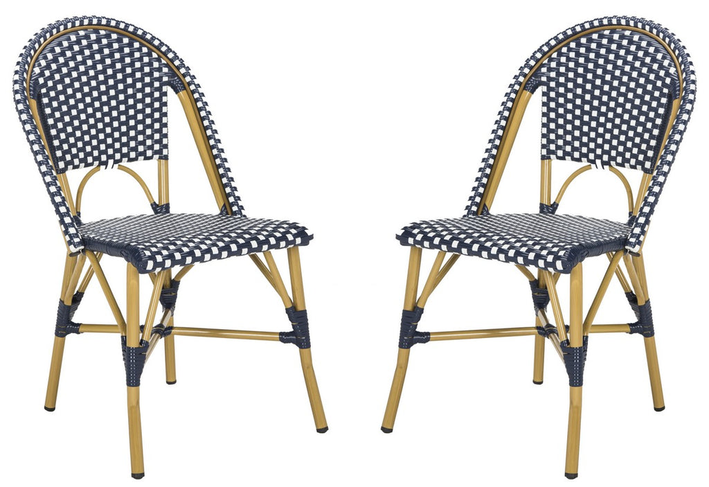Safavieh - Set of 2 - Salcha Side Chair Indoor Outdoor French Bistro Stacking Navy White Light Brown Rattan PE Wicker Aluminum FOX5210F-SET2 889048322981