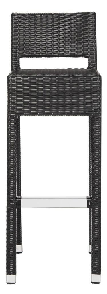 Safavieh Landry Bar Stool Indoor Outdoor Stacking Black Silver Rattan PE Wicker Aluminum FOX5212A 889048323308