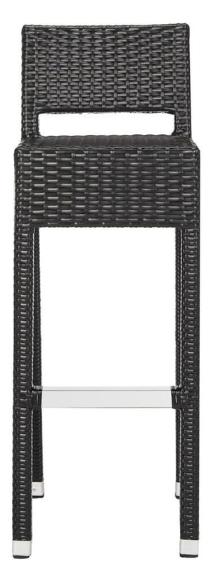 Safavieh Landry Bar Stool Indoor Outdoor Stacking Black Silver Rattan PE Wicker Aluminum FOX5212A 889048323308