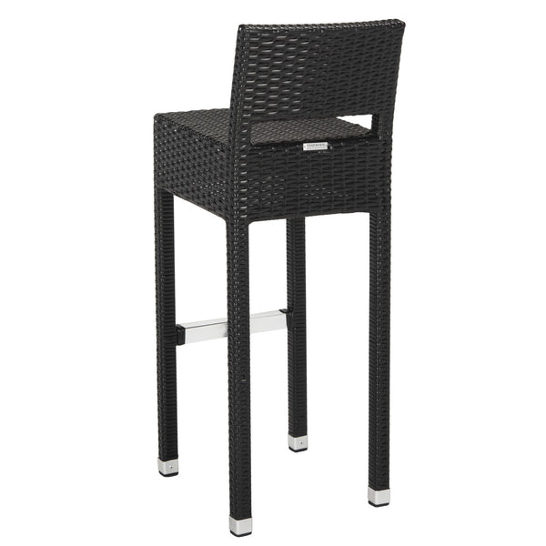 Safavieh Landry Bar Stool Indoor Outdoor Stacking Black Silver Rattan PE Wicker Aluminum FOX5212A 889048323308