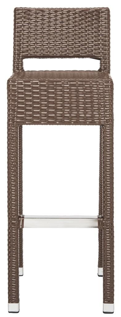 Safavieh Landry Bar Stool Indoor Outdoor Stacking Brown Silver Rattan PE Wicker Aluminum FOX5212B 889048323315