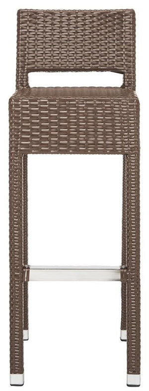 Safavieh Landry Bar Stool Indoor Outdoor Stacking Brown Silver Rattan PE Wicker Aluminum FOX5212B 889048323315