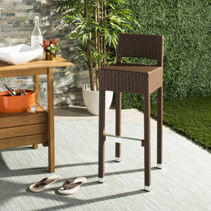Safavieh Landry Bar Stool Indoor Outdoor Stacking Brown Silver Rattan PE Wicker Aluminum FOX5212B 889048323315
