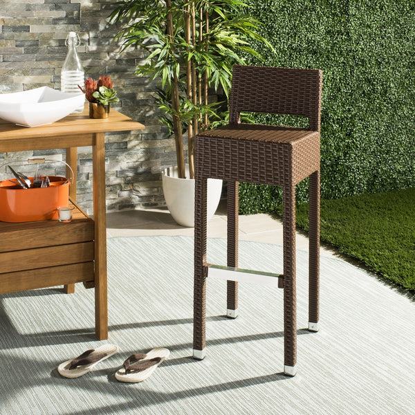 Safavieh Landry Bar Stool Indoor Outdoor Stacking Brown Silver Rattan PE Wicker Aluminum FOX5212B 889048323315