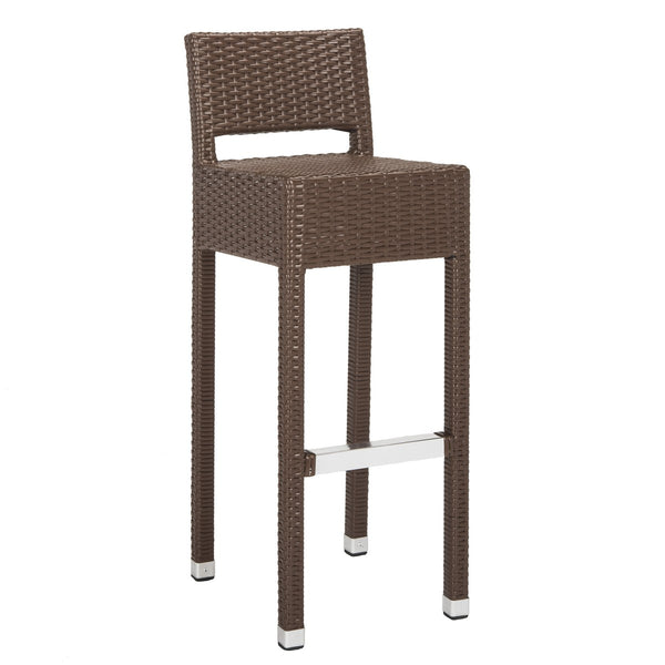 Safavieh Landry Bar Stool Indoor Outdoor Stacking Brown Silver Rattan PE Wicker Aluminum FOX5212B 889048323315