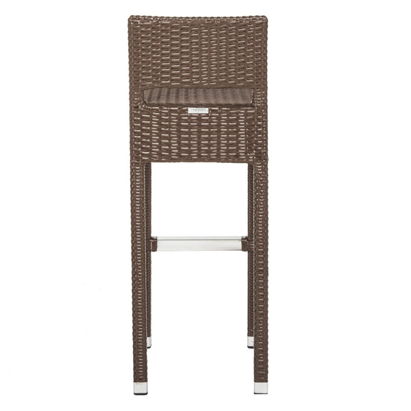 Safavieh Landry Bar Stool Indoor Outdoor Stacking Brown Silver Rattan PE Wicker Aluminum FOX5212B 889048323315