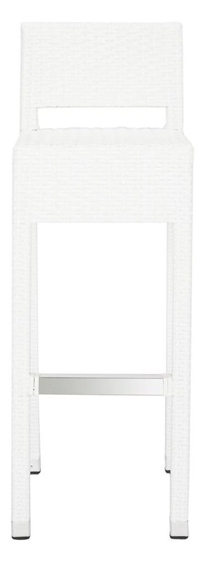 Safavieh Landry Bar Stool Indoor Outdoor Stacking White Silver Rattan PE Wicker Aluminum FOX5212C 889048323322