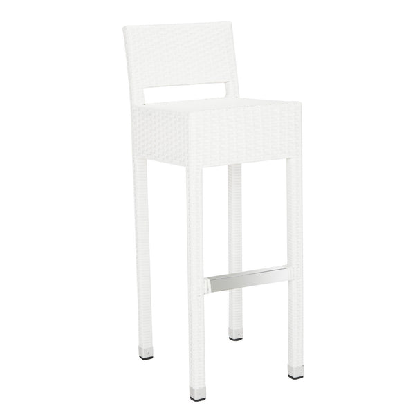 Safavieh Landry Bar Stool Indoor Outdoor Stacking White Silver Rattan PE Wicker Aluminum FOX5212C 889048323322