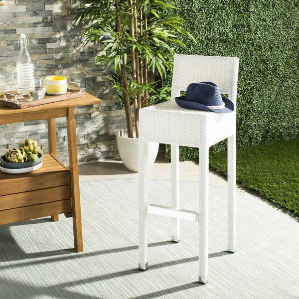 Safavieh Landry Bar Stool Indoor Outdoor Stacking White Silver Rattan PE Wicker Aluminum FOX5212C 889048323322