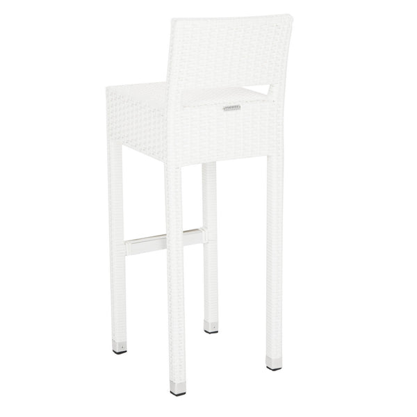 Safavieh Landry Bar Stool Indoor Outdoor Stacking White Silver Rattan PE Wicker Aluminum FOX5212C 889048323322