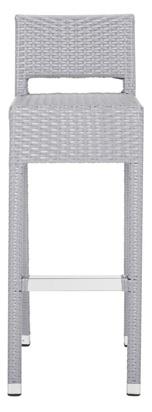 Safavieh Landry Bar Stool Indoor Outdoor Stacking Grey Silver Rattan PE Wicker Aluminum FOX5212D 889048323339