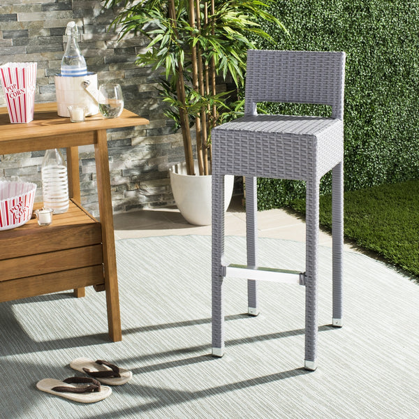 Safavieh Landry Bar Stool Indoor Outdoor Stacking Grey Silver Rattan PE Wicker Aluminum FOX5212D 889048323339