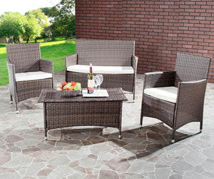 Safavieh Mojavi Outdoor Living Set 4 Piece Brown Cream Rattan PE Wicker Terylene Foam Galvanized Steel FOX6005A 683726467571