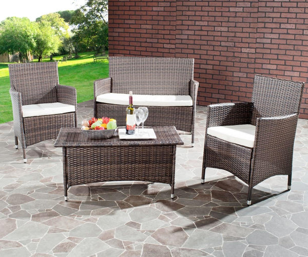 Safavieh Mojavi Outdoor Living Set 4 Piece Brown Cream Rattan PE Wicker Terylene Foam Galvanized Steel FOX6005A 683726467571