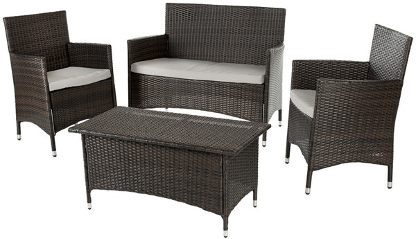 Safavieh Mojavi Outdoor Living Set 4 Piece Brown Grey Rattan PE Wicker Terylene Foam Galvanized Steel FOX6005B 683726467588