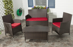 Safavieh Mojavi Outdoor Living Set 4 Piece Brown Red Rattan PE Wicker Terylene Foam Galvanized Steel FOX6005C 683726585145