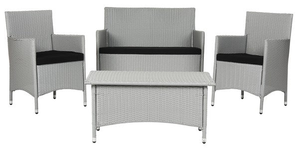 Safavieh Mojavi Outdoor Living Set 4 Piece Grey Black Rattan PE Wicker Terylene Foam Galvanized Steel FOX6005E 889048198722