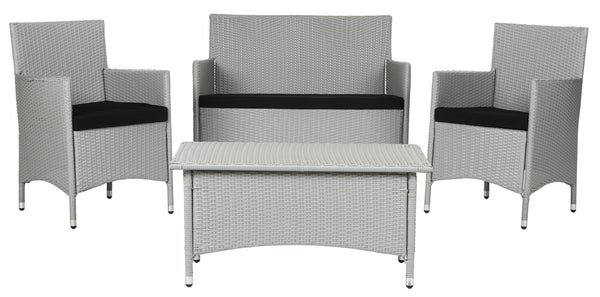 Safavieh Mojavi Outdoor Living Set 4 Piece Grey Black Rattan PE Wicker Terylene Foam Galvanized Steel FOX6005E 889048198722