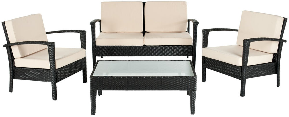 Safavieh Piscataway Outdoor Living Set 4 Piece Black Cream Rattan PE Ratan Terylene Foam Galvanized Steel FOX6006A 683726467595