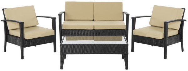 Safavieh Piscataway Outdoor Living Set 4 Piece Charcoal Beige Rattan PE Ratan Terylene Foam Galvanized Steel FOX6006C 683726585190