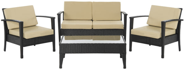 Safavieh Piscataway Outdoor Living Set 4 Piece Charcoal Beige Rattan PE Ratan Terylene Foam Galvanized Steel FOX6006C 683726585190