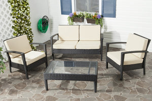 Safavieh Piscataway Outdoor Living Set 4 Piece Charcoal Beige Rattan PE Ratan Terylene Foam Galvanized Steel FOX6006C 683726585190