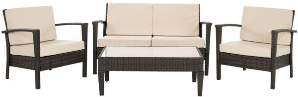 Safavieh Piscataway Outdoor Living Set 4 Piece Brown Beige Rattan PE Ratan Terylene Foam Galvanized Steel FOX6006D 683726745501