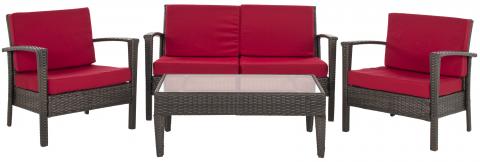 Safavieh Piscataway Outdoor Living Set 4 Piece Brown Red Rattan PE Ratan Terylene Foam Galvanized Steel FOX6006E 683726745556