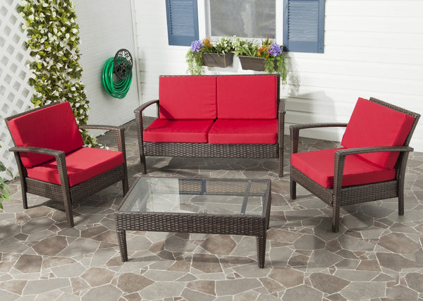 Safavieh Piscataway Outdoor Living Set 4 Piece Brown Red Rattan PE Ratan Terylene Foam Galvanized Steel FOX6006E 683726745556