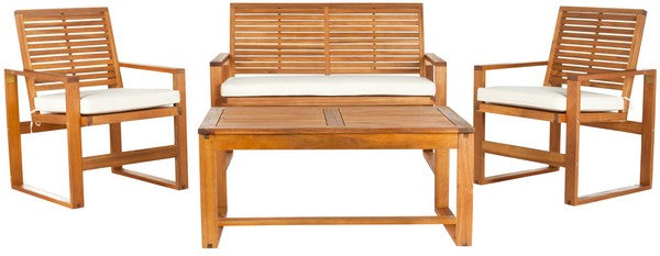 Safavieh Ozark Outdoor Living Set 4 Piece Natural Acacia Wood Polyester Foam Galvanized Steel FOX6007A 683726467618