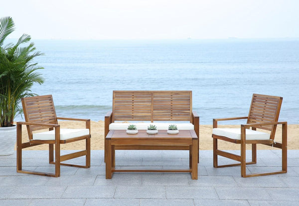 Safavieh Ozark Outdoor Living Set 4 Piece Natural Acacia Wood Polyester Foam Galvanized Steel FOX6007A 683726467618