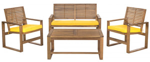 Safavieh Ozark Outdoor Living Set 4 Piece Brown Yellow Acacia Wood Polyester Foam Galvanized Steel FOX6007B 683726808572