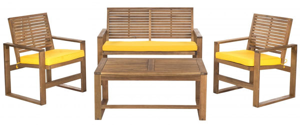 Safavieh Ozark Outdoor Living Set 4 Piece Brown Yellow Acacia Wood Polyester Foam Galvanized Steel FOX6007B 683726808572