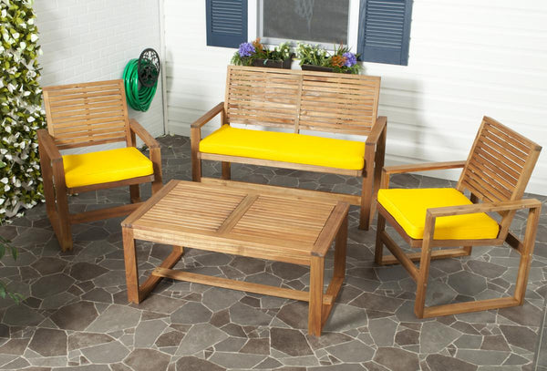 Safavieh Ozark Outdoor Living Set 4 Piece Brown Yellow Acacia Wood Polyester Foam Galvanized Steel FOX6007B 683726808572