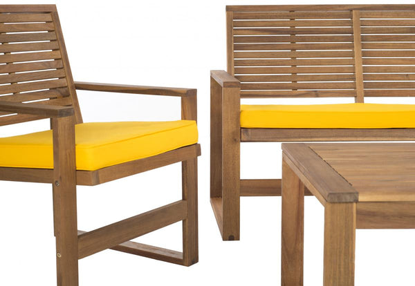 Safavieh Ozark Outdoor Living Set 4 Piece Brown Yellow Acacia Wood Polyester Foam Galvanized Steel FOX6007B 683726808572
