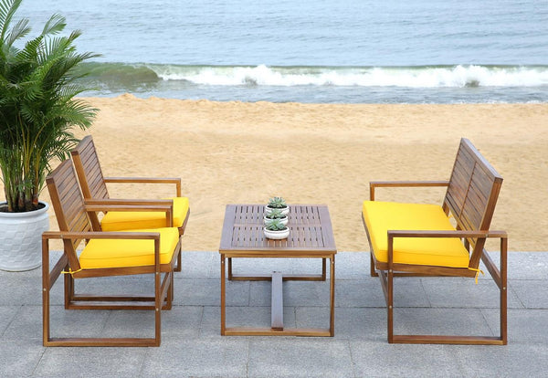Safavieh Ozark Outdoor Living Set 4 Piece Brown Yellow Acacia Wood Polyester Foam Galvanized Steel FOX6007B 683726808572