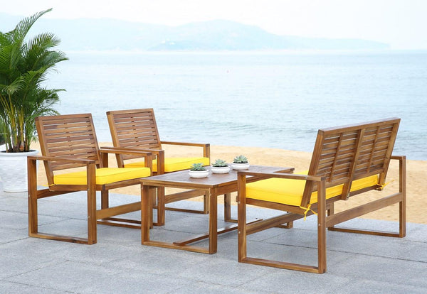 Safavieh Ozark Outdoor Living Set 4 Piece Brown Yellow Acacia Wood Polyester Foam Galvanized Steel FOX6007B 683726808572