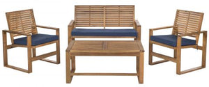Safavieh Ozark Outdoor Living Set 4 Piece Brown Navy Acacia Wood Polyester Foam Galvanized Steel FOX6007C 683726808879