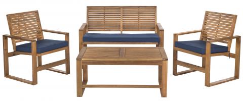 Safavieh Ozark Outdoor Living Set 4 Piece Brown Navy Acacia Wood Polyester Foam Galvanized Steel FOX6007C 683726808879