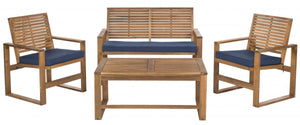 Safavieh Ozark Outdoor Living Set 4 Piece Brown Navy Acacia Wood Polyester Foam Galvanized Steel FOX6007C 683726808879