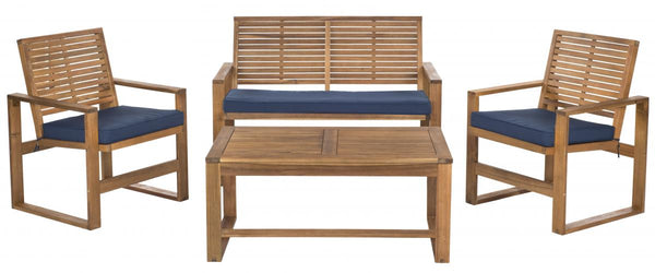 Safavieh Ozark Outdoor Living Set 4 Piece Brown Navy Acacia Wood Polyester Foam Galvanized Steel FOX6007C 683726808879
