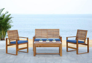 Safavieh Ozark Outdoor Living Set 4 Piece Brown Navy Acacia Wood Polyester Foam Galvanized Steel FOX6007C 683726808879