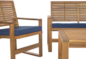 Safavieh Ozark Outdoor Living Set 4 Piece Brown Navy Acacia Wood Polyester Foam Galvanized Steel FOX6007C 683726808879